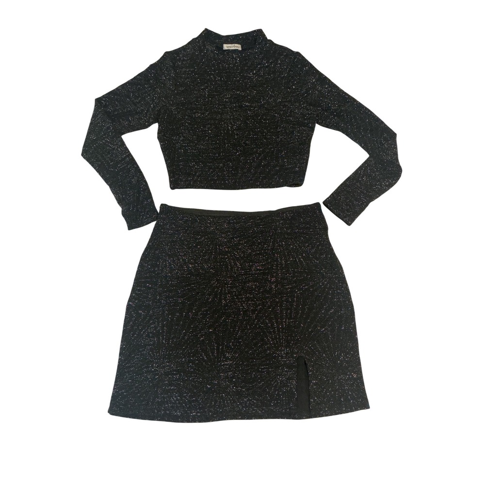 Speechless 2 Piece‎ Set Womens S/L Black Glitter Crop Top Mini Skirt Excellent